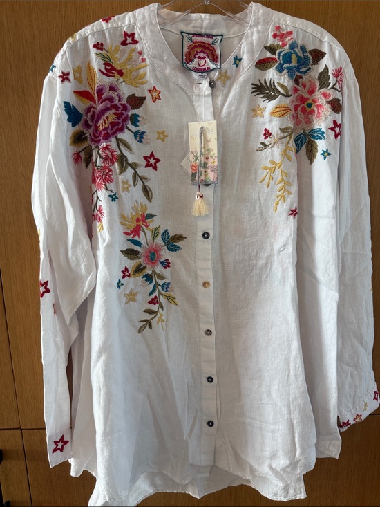 Johnny Was Tops - Johnny Was Amara Floral Embroidered Mandarin Collar Long sleeve Shirt Size 1X